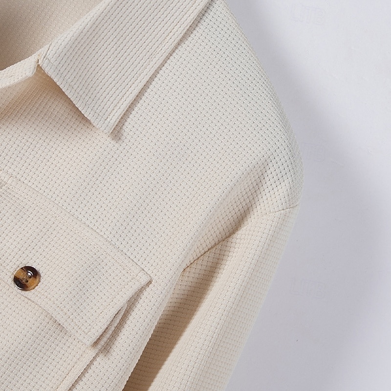 Men's Lightweight Jacket Waffle Jacket Shirt Jacket Casual Jacket Vacation Daily Breathable Pocket Spring Fall Plain Fashion Classic Lapel Regular Black White Wine Dark Green Khaki Jacket4