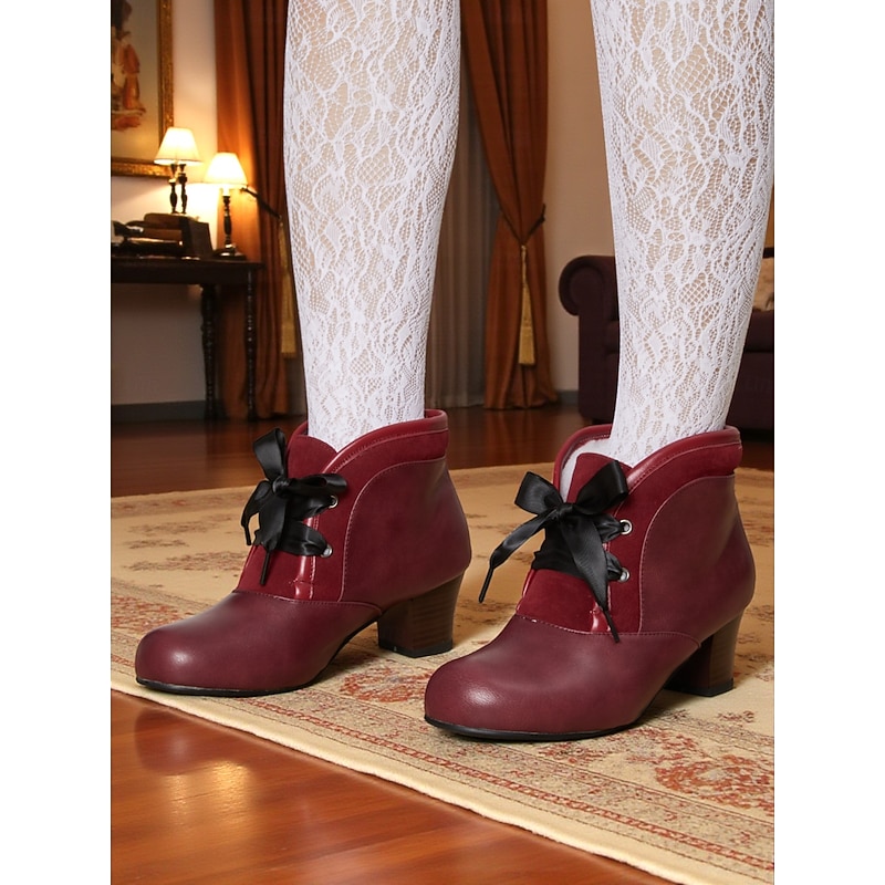 Women's 1900s Victorian-Inspired Burgundy Ankle Boots – Faux Leather Lace-Up Heeled Booties with Ribbon Bow for Daily Wear & Vintage Outfits2