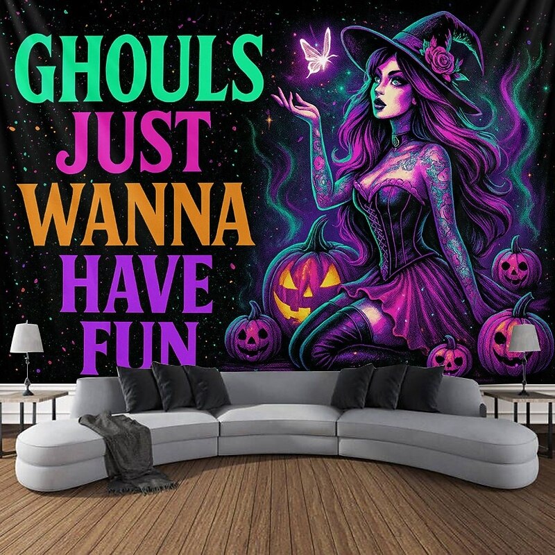 Halloween Blacklight Wall Tapestry – UV Reactive Witch , 'Ghouls Just Wanna Have Fun' Quote, Neon Colors Spooky Scene, Glow in the Dark Gothic Wall Hanging for 2025 Halloween Decoration2