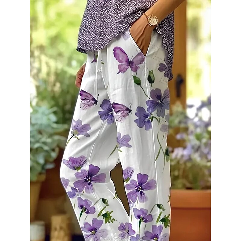 Women's Chinos Vacation Vintage Ethnic Style Full Length High Waist Floral Graphic Pocket Soft Outdoor Breathable Inelastic Outdoor Vacation Street Light Pink Light Purple Summer Spring Fall Regular2