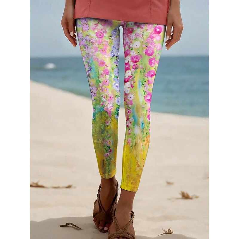Women's Pants Trousers Leggings Cozy Leggings Streetwear Casual Full Length High Waist Floral Stripe Elastic Waist Print Breathability Comfortable Stretchy Vacation Street Daily Wear White Yellow2