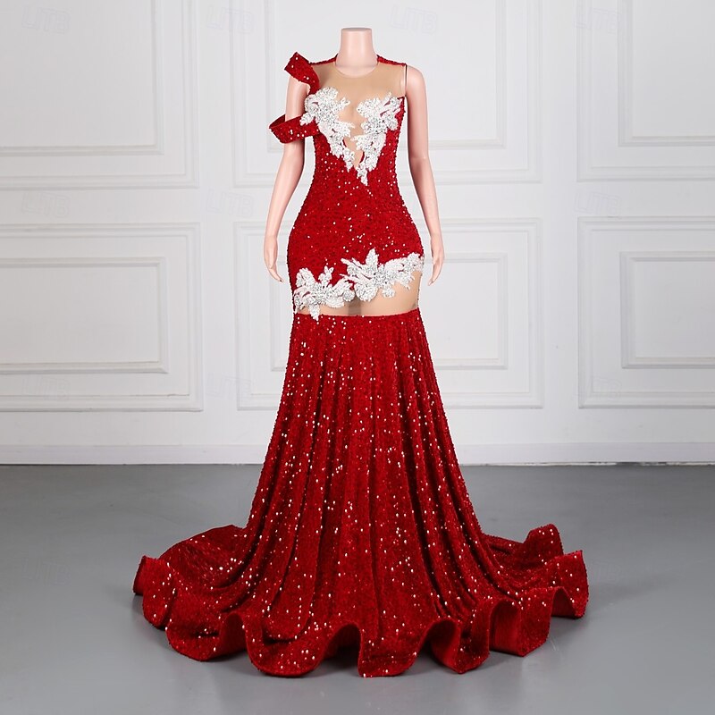 Mermaid / Trumpet Evening Gown Elegant Dress Formal Prom Sweep / Brush Train Sleeveless Crew Neck Sequined with Sequin Appliques