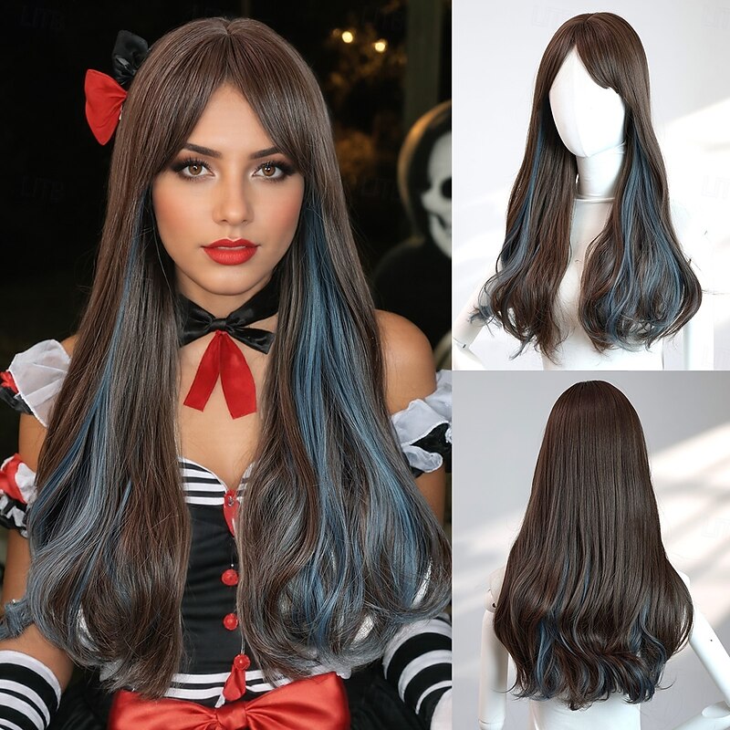 22-Inch Black and Blue Two-Tone Wavy Wig for Women – Full Bangs, Long Hair, Perfect for Halloween, Cosplay, and Fashion Looks