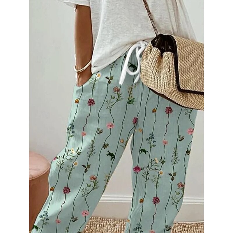 Women's Chinos Vacation Vintage Ethnic Style Ankle-Length High Waist Floral Graphic Striped Pocket Soft Outdoor Breathable Inelastic Vacation Street Causal Light Green Summer Spring Fall Loose Fit2