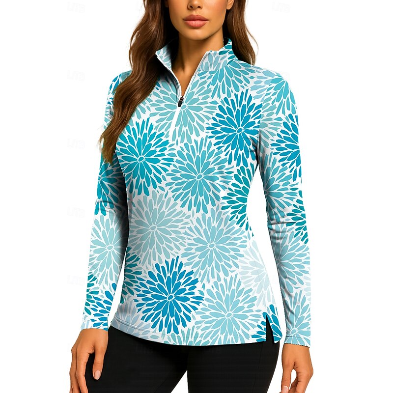 Women's Floral Golf Polo Shirt Tennis Shirt Tennis Sweatshirt Long Sleeve Print Quarter Zip Pullover UV Protection Elastic Breathable Volleyball Tennis Golf Zip Collar Shirt Polo Blue and White