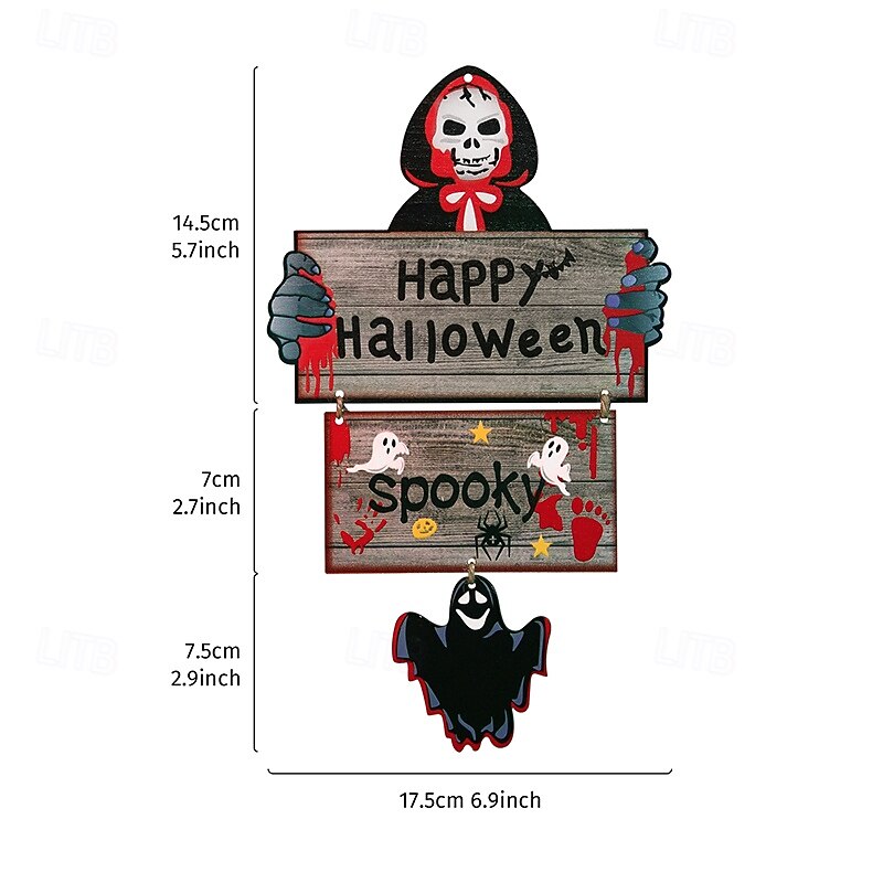 Halloween Wooden Hanging Sign Decor, Cartoon 3-Piece Printed Ghost and Skull Plaque, Colorful Wall or Door Ornament for Halloween Party, Home Decoration, and Spooky Scene Setup2