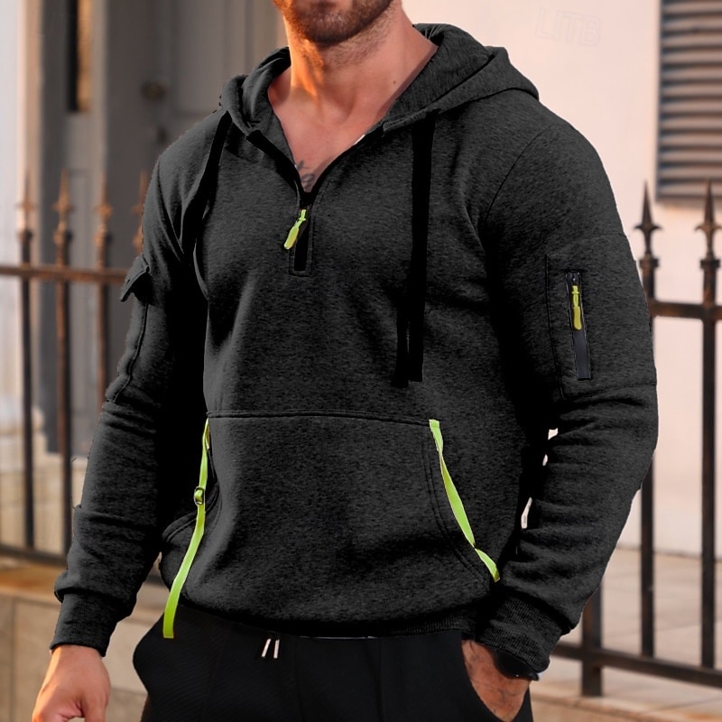 Men's Hoodie Quarter Zip Hoodie Fleece Hoodie Tactical Hoodie Black Navy Blue Khaki Dark Gray Gray Hooded Plain Patchwork Sports & Outdoor Casual Daily Streetwear Cool Sportswear Spring & Fall All3