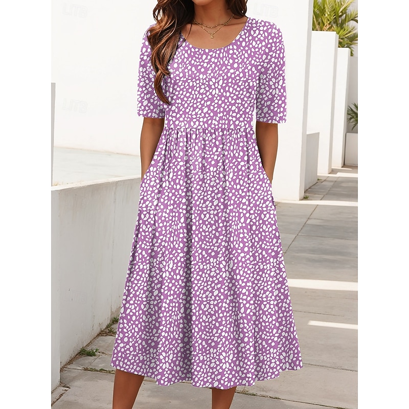 Women's Midi Dress Summer Dress Pleated Dress Vacation Casual Holiday Regular Fit Graphic Geometric Half Sleeve Crew Neck Black Pink Burgundy Purple Summer Spring4