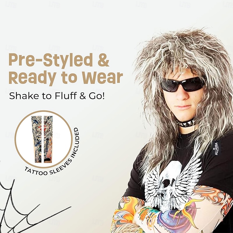 70s 80s Rocker Wigs  Tattoos Costume Set Glam Hairband Rockstar Mullet Wig  Tattoo Sleeves Heavy Metal Wigs Metal HairWig  Rock Star Wig for Men  Rock Star Costumes for Men's4