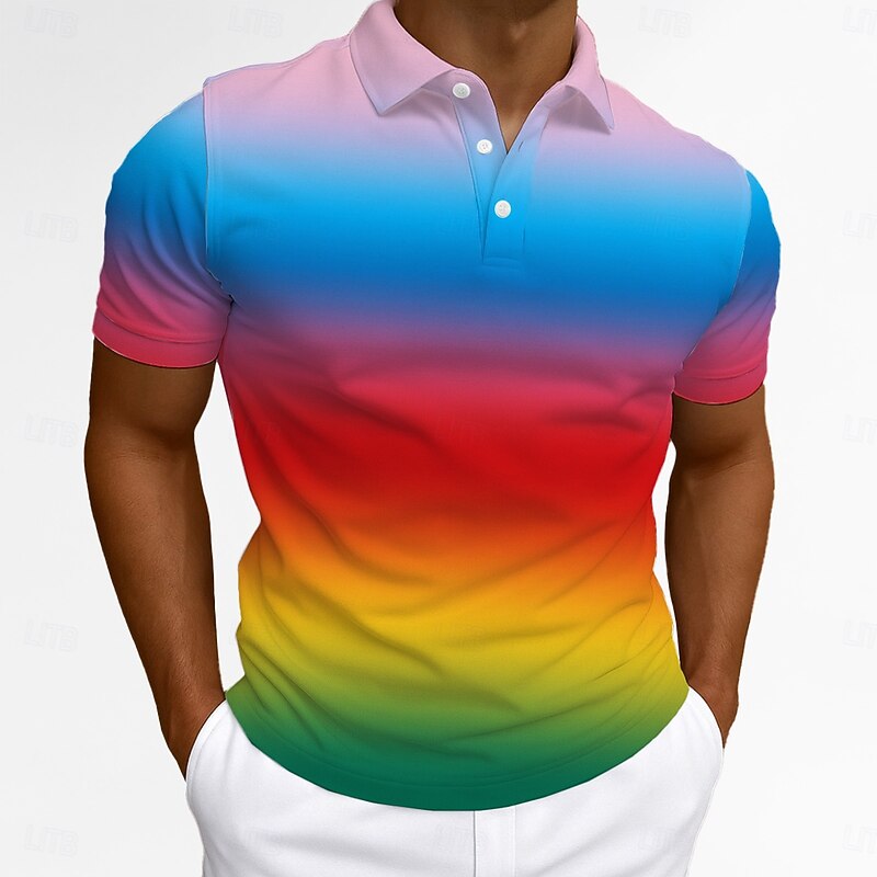 Men's Polo Business Casual Turndown Short Sleeve Fashion Leisure Gradient Ramp Buttons Summer Blue Yellow Polo