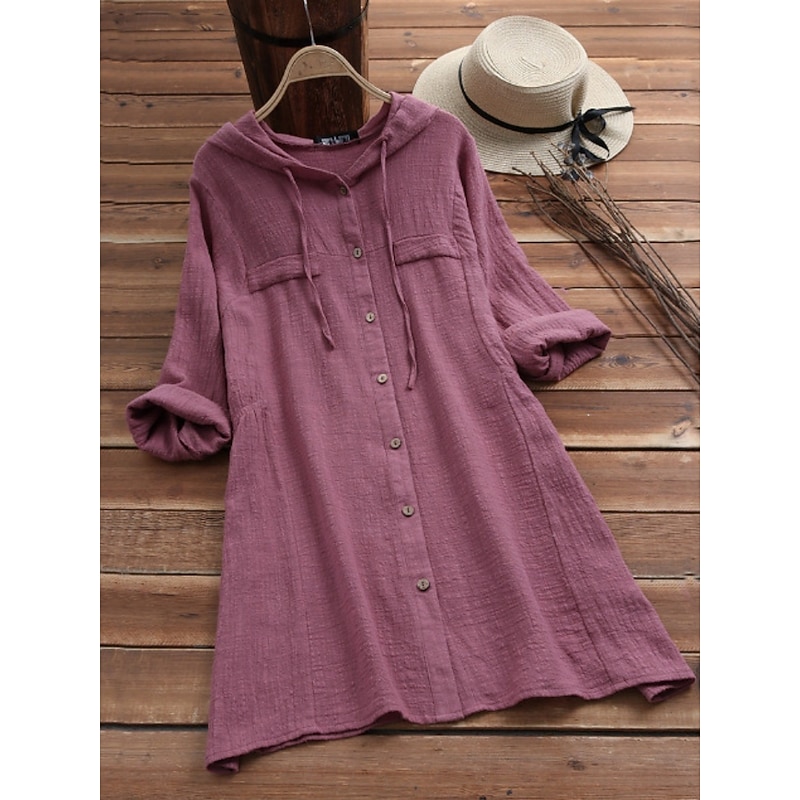 Women's Blouse Solid Color Casual Long Sleeve Hooded Long Tops Daily Pocket Buttons Yellow Wine Fuchsia Gray Summer Fall