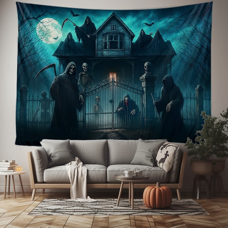 Halloween Gothic Haunted House Wall Tapestry – Creepy Silhouettes in Front of Spooky Mansion, Foggy Night Scene, Horror Backdrop for 2025 HALLOWEEN Living Room, Bedroom, Party Decoration4