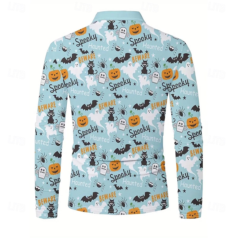 Halloween Men's Cat Pumpkin Polo Long Sleeve Polo Shirts Lapel Casual Outdoor Street Daily Wear 3D Print Buttons Spring Fall Winter Blue2