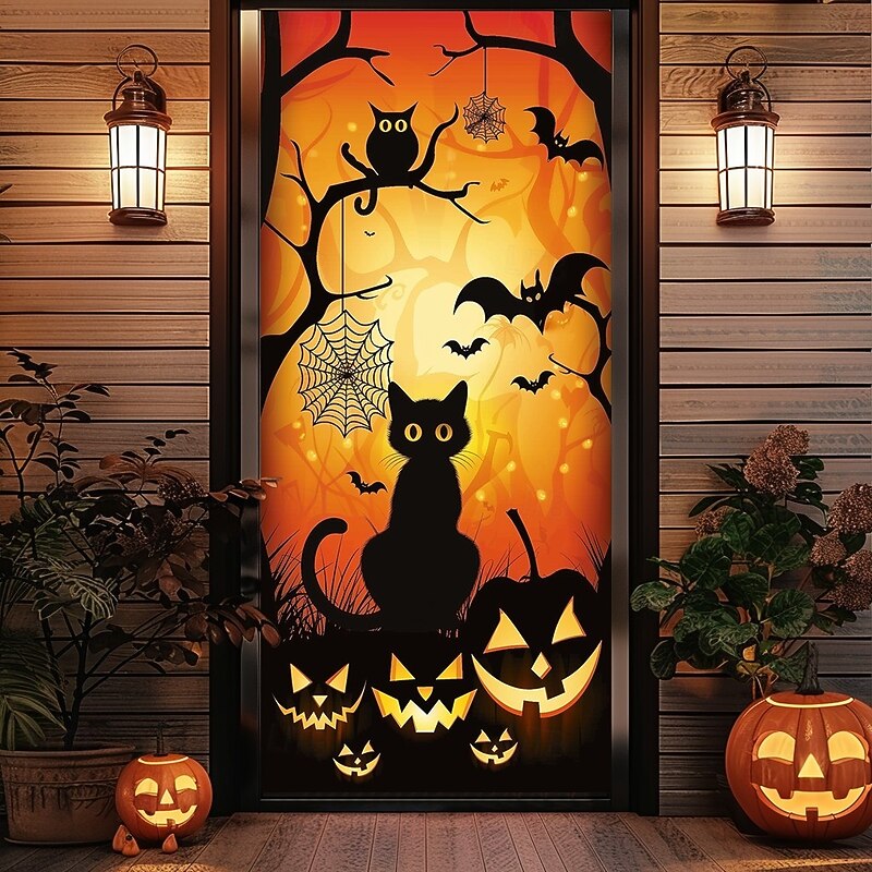 Halloween Door Cover – Black Cat with "Happy Halloween" Sign and Jack-O'-Lanterns, Haunted House Entrance Banner, Cute & Spooky Outdoor 2025 Halloween Decoration for Bedroom, Living Room, Bathroom3
