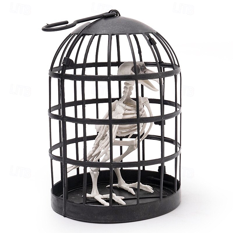 Plastic Bird Skeleton in Cage Halloween Decoration3