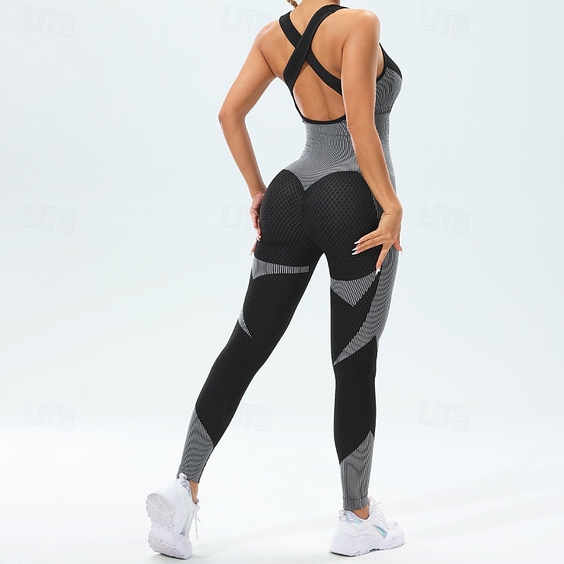 Women's Scrunch Yoga Romper Workout Jumpsuits Backless Color Block Romper Lake Blue ArmyGreen Gym Workout High Waist Stretchy Breathable Tummy Control Sleeveless Sport Activewear Slim