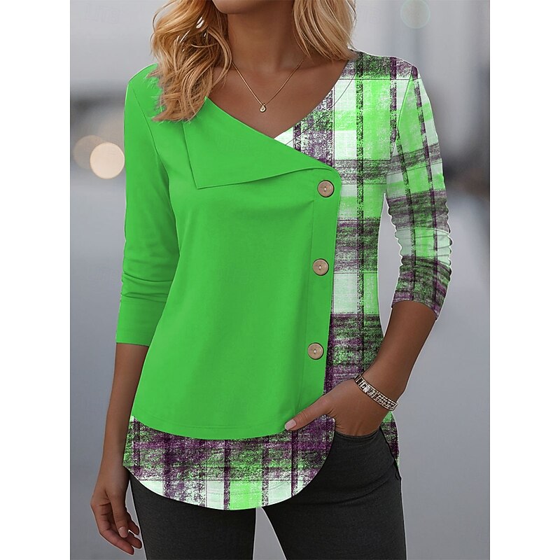 Women's Blouse Tunic V Neck Long Sleeve Buttons Graphic Geometric Plaid Vintage Fashion Stylish Crew Neck Regular Tops Daily Patchwork Print Blue Purple Orange Green Spring Fall Winter4