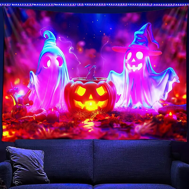 Halloween Blacklight Tapestry UV Reactive Glow in the Dark Forest Trippy Mountain Misty Graveyard Ghost Hanging Tapestry Wall Art Mural for Living Room Bedroom2
