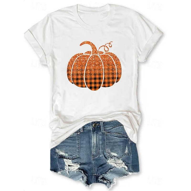 Halloween Women's T shirt Pumpkin Graphic Vintage Stylish Classic Short Sleeve Crew Neck Round Neck Regular Tops Daily Weekend Print Black White Yellow Pink Red Summer Fall4