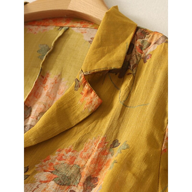 Women's Blazer Comfortable Breathable Pocket Print Vintage Casual Floral Office Street Casual Daily Wear Single Breasted Regular Turndown Regular Fit Long Sleeve Outerwear Yellow Summer Spring4