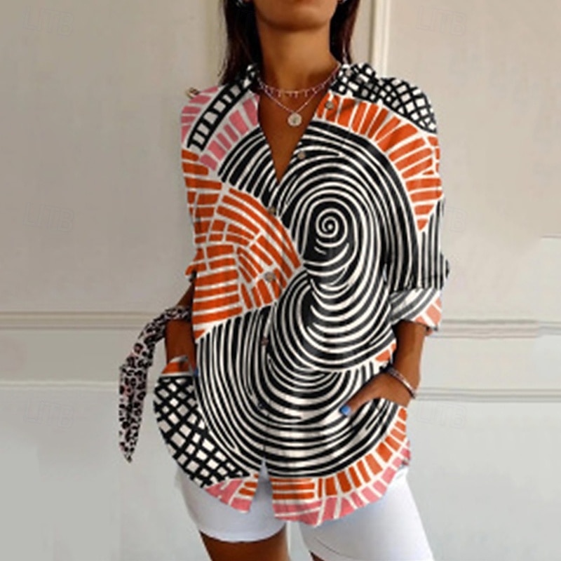 Women's Shirt Geometric Vintage Stylish Long Sleeve V Neck Regular Tops Daily Holiday Going out Buttons Print Black Summer