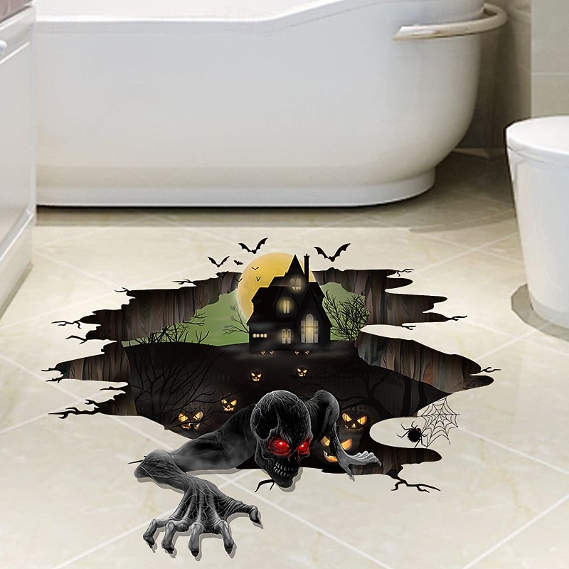 Halloween 3D Broken Wall Decal, Haunted Castle, Crow, and Spider Peel and Stick Floor and Wall Sticker, Self-Adhesive Spooky Home Decoration for Halloween Party Atmosphere2