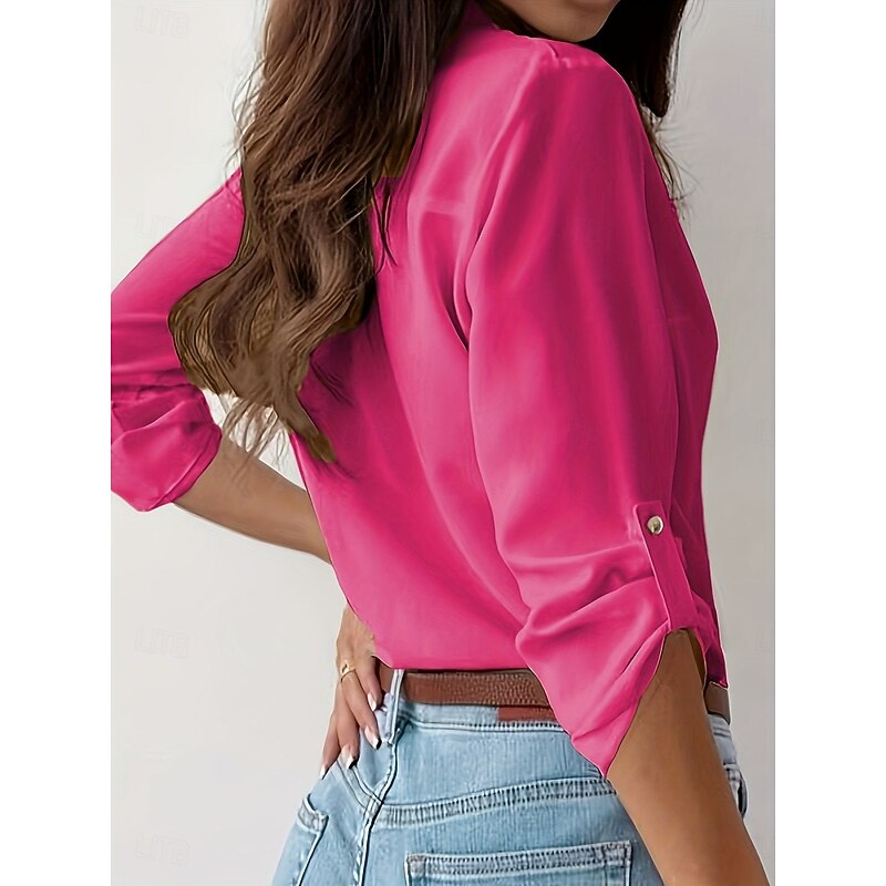 Women's Shirt Button Down Blouse Solid Color Stylish Casual Long Sleeve Shirt Button Down Blouse Collar Regular Tops Daily Buttons Black Sky Blue Fuchsia Brown Khaki Summer Spring Fall2