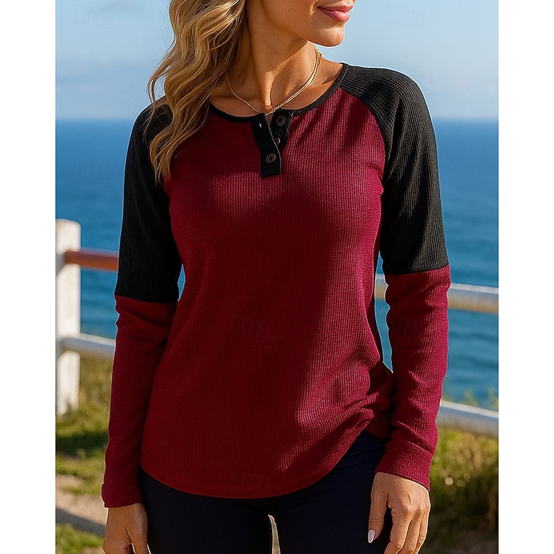 Women's Trackshirt Casual Tops Waffle Colorblocking Long Sleeve Top Athleisure Patchwork Breathable Hiking Workout Athletic Sportswear Activewear Burgundy Khaki