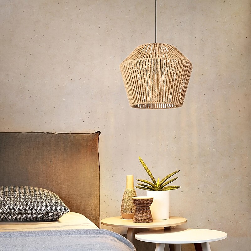 Boho Vintage Rattan Pendant Light, Country Rustic Style, 27cm Height, Warm White/White Light, E26/E27, Adjustable Chain