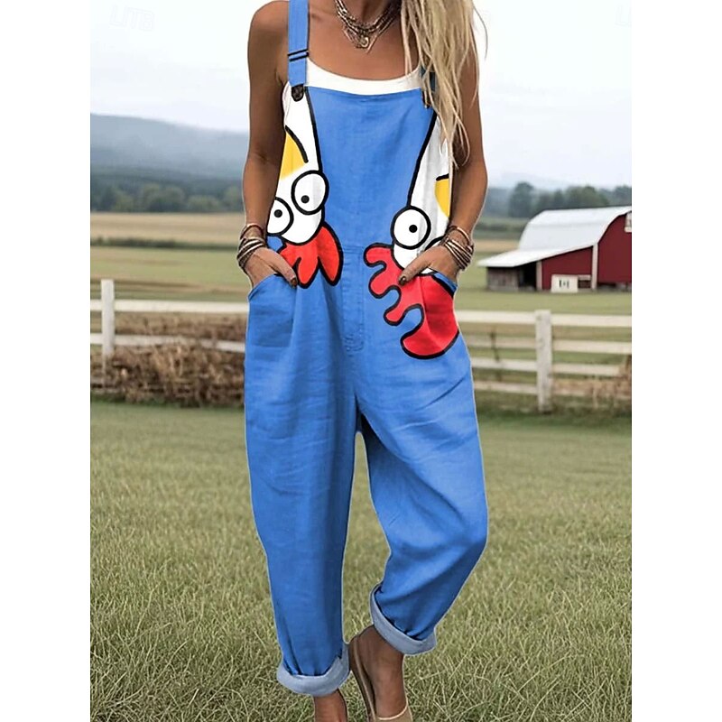 Women's Dungarees Active Graphic Sleeveless Print Vacation Daily Loose Fit Light Green Blue Green Summer3