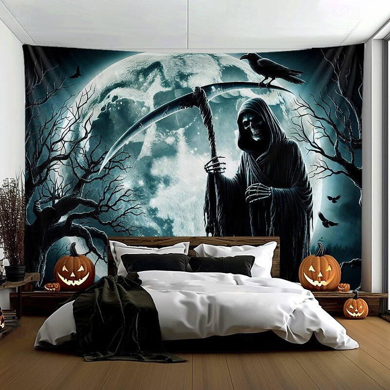 Halloween Hanging Tapestry Death under the Moon Photograph Backdrop Jack O Lantern Wall Art Large Tapestry Mural Decor Blanket Curtain Home Bedroom Living Room Decoration Death Selfie2