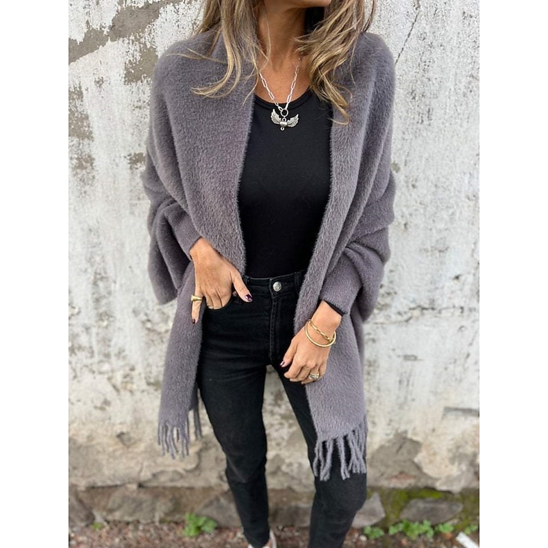 Women's Cloak / Capes Comfortable Breathable Tassel Fashion Daily Plain Outdoor Casual Daily Open Front Short Collarless Regular Fit Long Sleeve Outerwear Black Khaki Gray Spring Fall