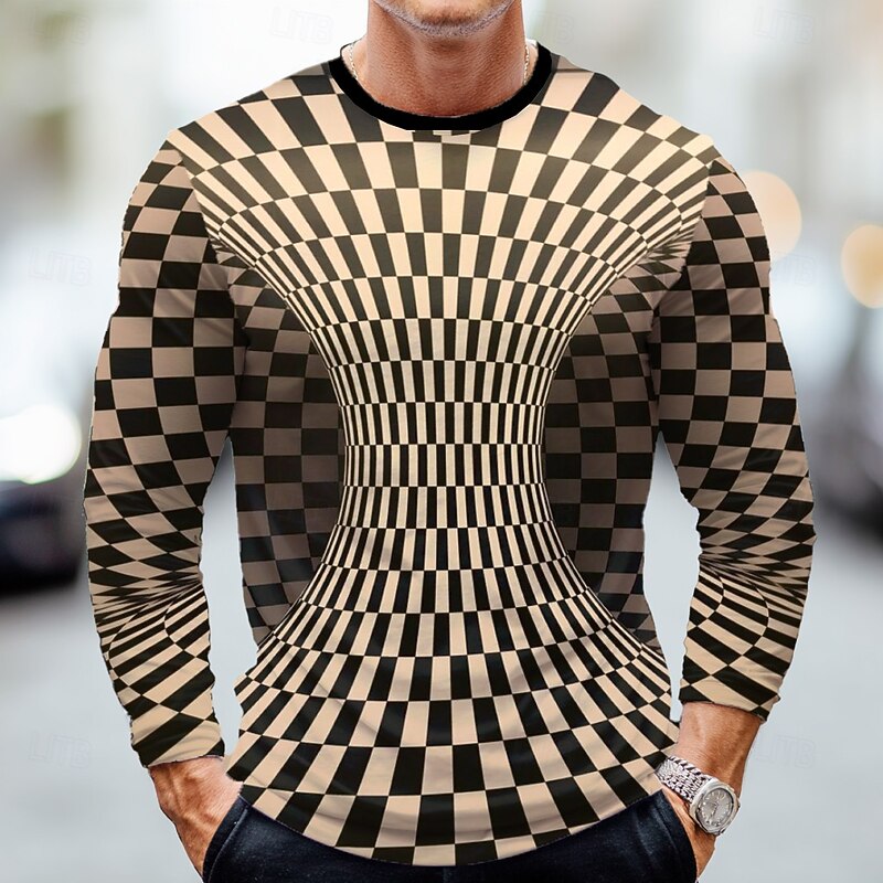 Men's Checkered 3D T Shirt Long Sleeve T shirt 3D Print Crew Neck Shirt Fashion Exaggerated Street Casual Daily Yellow Pink Blue Summer Spring Fall Clothing Apparel S M L XL XXL XXXL4