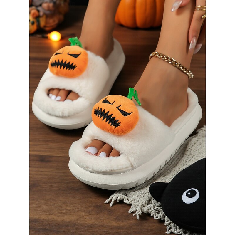 Women's White Fuzzy Halloween Pumpkin Slippers – Soft Indoor House Shoes with Funny Cartoon Design for Autumn and Holiday Lounge Wear3