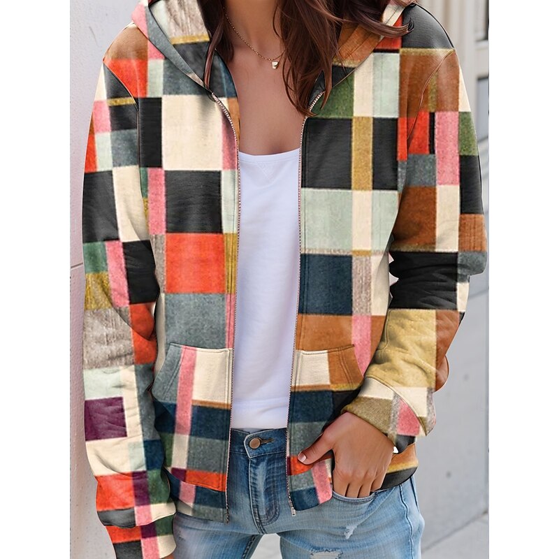 Women's Hooded Sweatshirt Jacket Long Sleeve Zip Up Hoodie With Pocket Lightweight Casual Micro-elastic Graphic Plaid Fashion Street Dailywear Pocket Print White Blue Purple Orange Green Spring Fall
