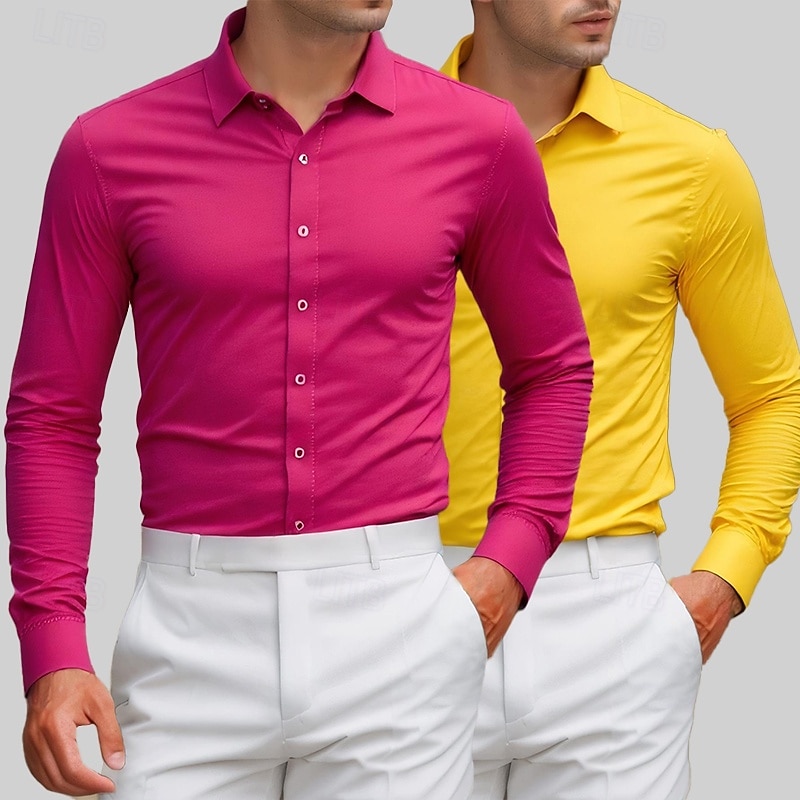 Men's Shirt Dress Shirt Button Up Shirt Tuxedo Shirts Solid / Plain Color Office & Career Daily Wear Yellow+Orange Yellow+pink Green+Yellow Long Sleeve Shirt Collar All Seasons Clothing Apparel Basic3