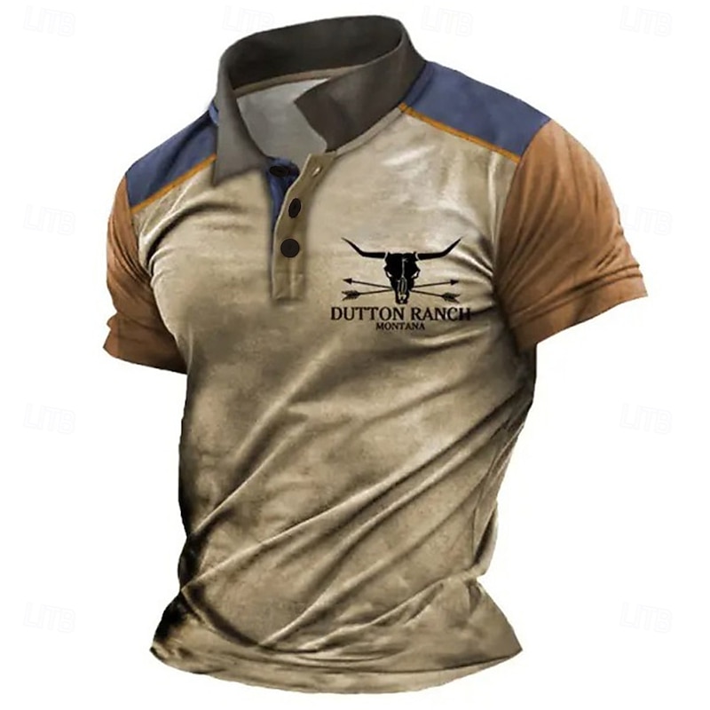 Men's Western Wear Polo Shirts Golf Shirt Short Sleeve Polo Shirts Collared Shirts Vintage Casual Vacation Wear Party Outfits 3D Print Buttons White Blue Khaki