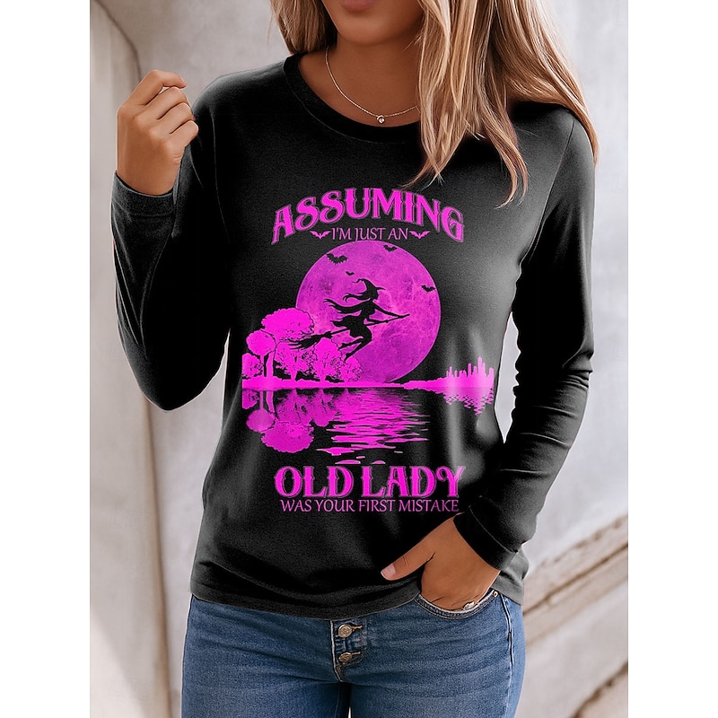 Halloween Women's T shirt Witch Long Sleeve Crew Neck Long Sleeve Tunic Graphic Letter Vintage Stylish Classic Regular Tops Daily Print Yellow Pink Blue Orange Green Spring Fall Prefall3