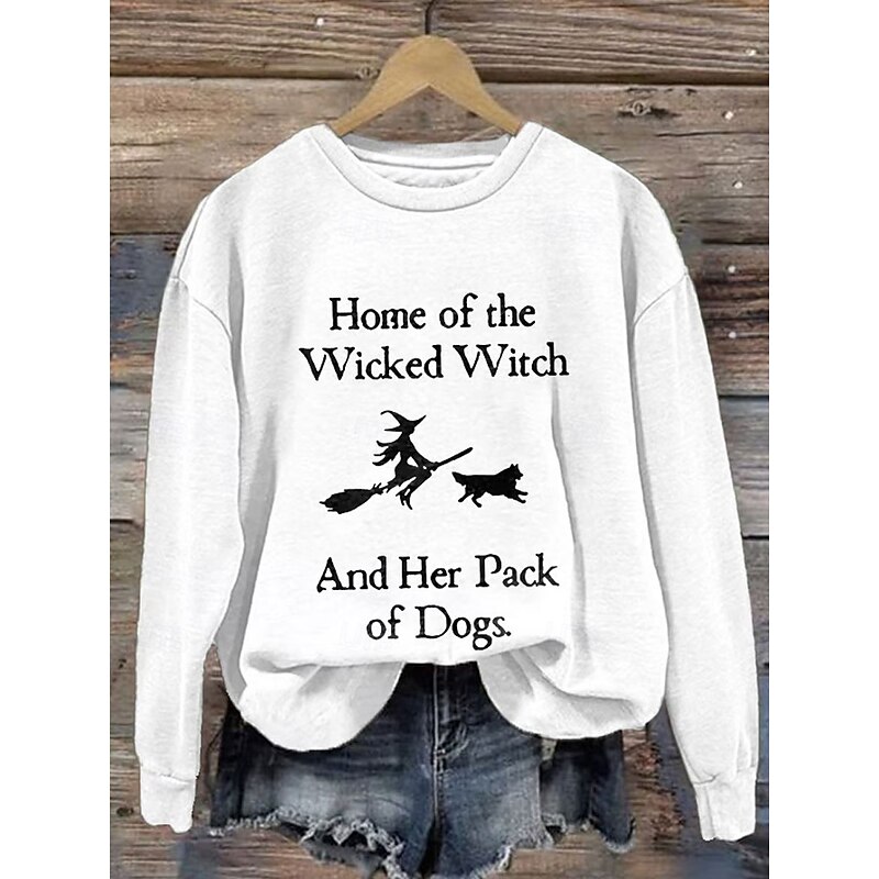 Halloween Women's Sweatshirts Witch Graphic Letter Casual Long Sleeve Crew Neck Regular Tops Street Dailywear Casual Print Black White Orange Green Fall Winter4