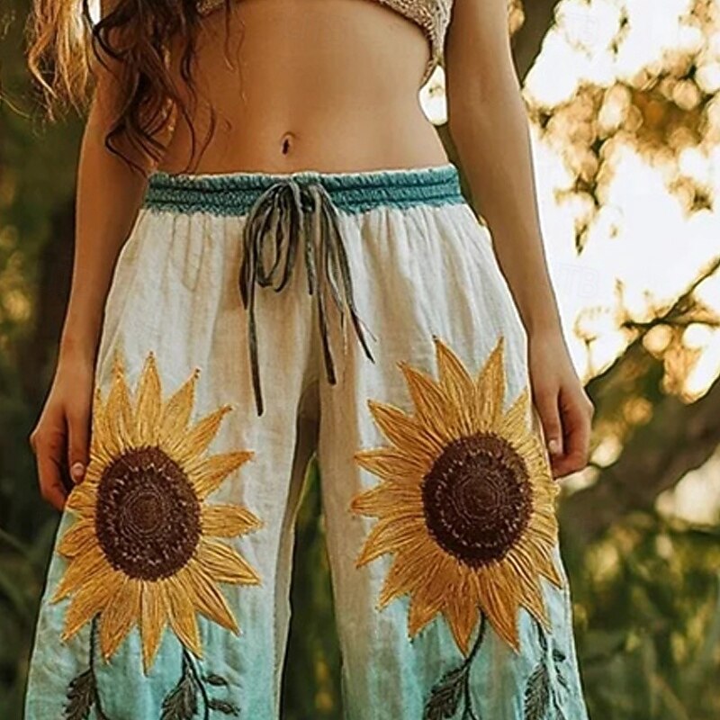 Women's Wide Leg Pants Trousers Palazzo Pants Fashion Boho Full Length High Waist Sunflower Elastic Waist Drawstring Print Breathability Comfortable Street Daily Wear Going out Blue Spring Fall2