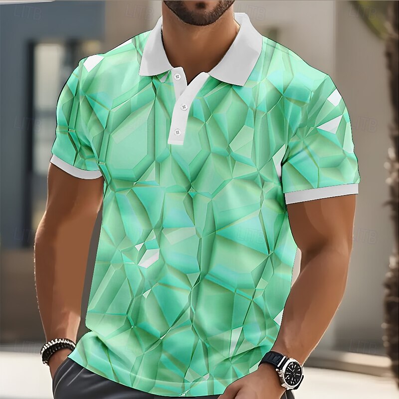 Men's Geometic Polo Short Sleeve Polo Shirts Collared Shirts Casual Street Athleisure Daily Wear 3D Print Buttons Summer Pink Blue Purple4