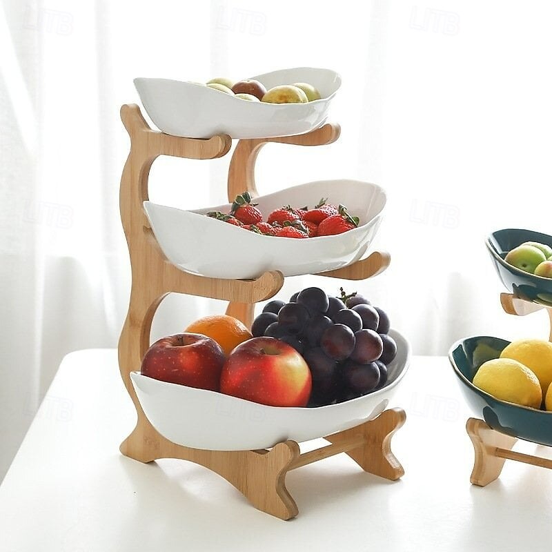 Creative Modern Multi-layer Fruit Plate Elegant Three Tier Snack Tray Bamboo Wood Rack for Candy Dessert Nuts Home Kitchen Countertop Display3