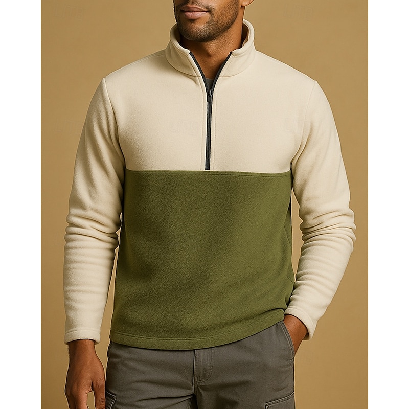 Men's Fleece Sweatshirt Quarter Zip Sweatshirt Long Sleeve Stand Collar Tee Tshirt Top Outdoor Thermal Warm Fleece Lining Winter Quarter-Zip Polyester Patchwork Yellow Red Green Hunting Climbing4