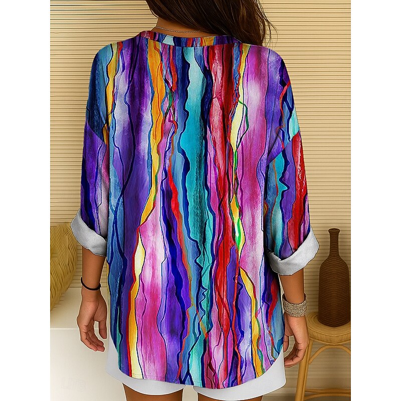 Women's Shirt Cotton Linen Shirt Long Sleeve Tunic Blouse Ombre Graphic Geometric Daily Hawaiian Business Long Sleeve V Neck Regular Tops Work Daily Holiday Buttons Print Black And White2