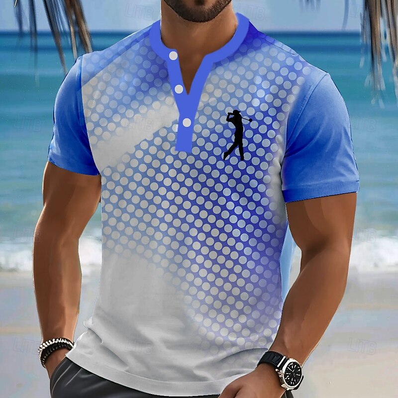 Men's Geometric T Shirt Henley Shirt Short Sleeve Designer Retro Vintage Casual Sports & Outdoor Street Casual Summer Spring Lake blue Green Navy Blue Henley Henley T-Shirt2