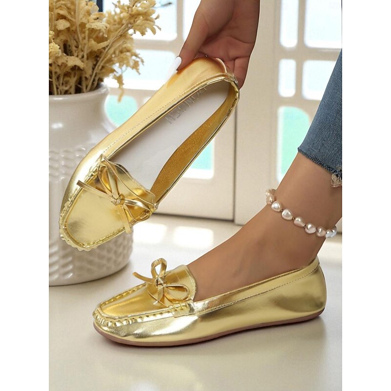 Women's Gold Metallic Bow Moccasins – Comfortable Slip-On Loafers, Casual and Dressy Flat Shoes for Ladies, Perfect for Parties, Travel, and Daily Wear