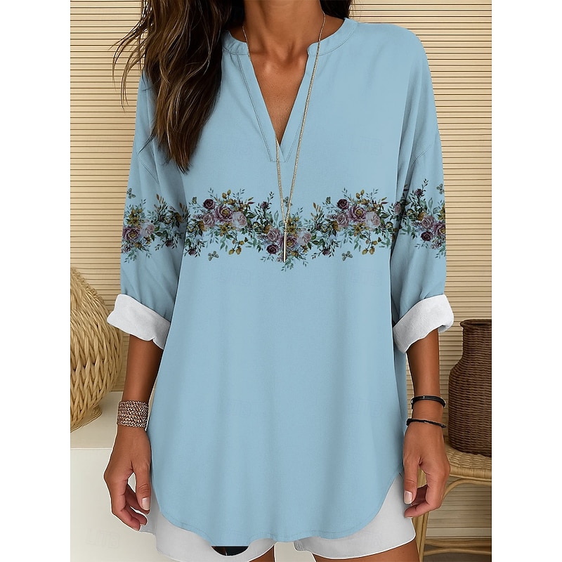 Women's Blouse Tunic V Neck Long Sleeve Boho Casual Tops Floral Graphic Vintage Tropical Long Tops Daily Wear Print White Pink Blue Green Fall3