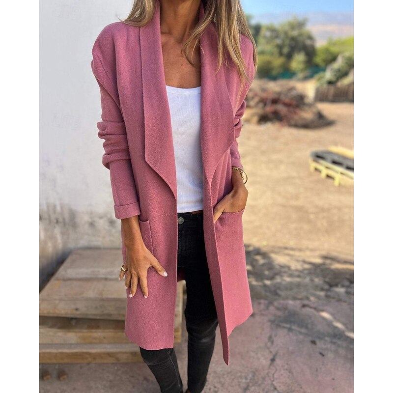 Women's Coat Comfortable Pocket Fashion Plain Street Holiday Cardigan Long Turndown Regular Fit Long Sleeve Outerwear Black Pink Dark Green Fall Winter