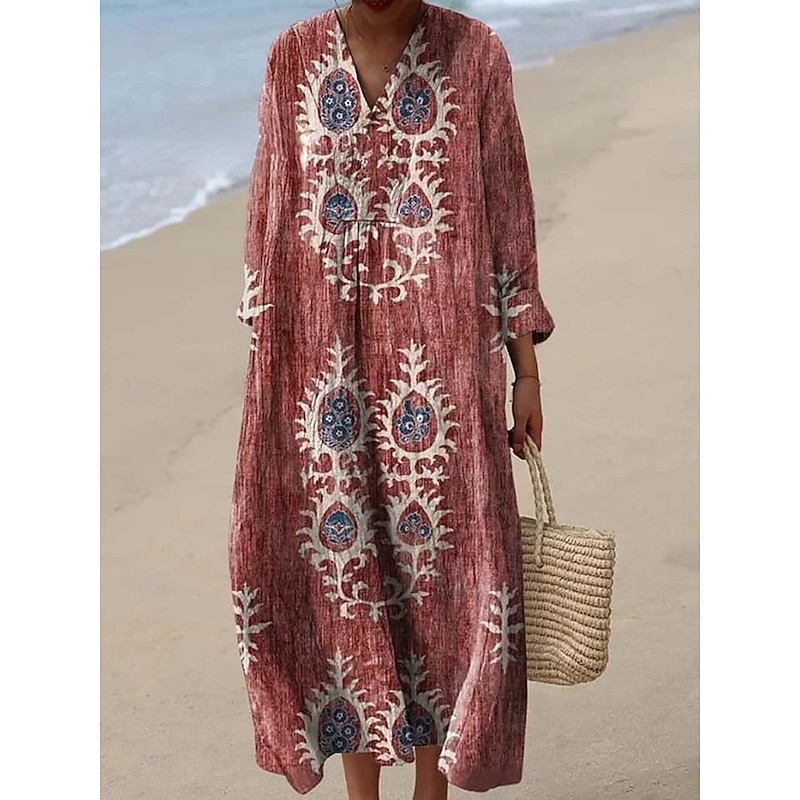Women's Midi Dress V Neck Long Sleeve Kaftan Lightweight Loose Fit A Line Dress Casual Boho Going out Floral Graphic Long Sleeve V Neck claret Red Blue Light Purple Fall3