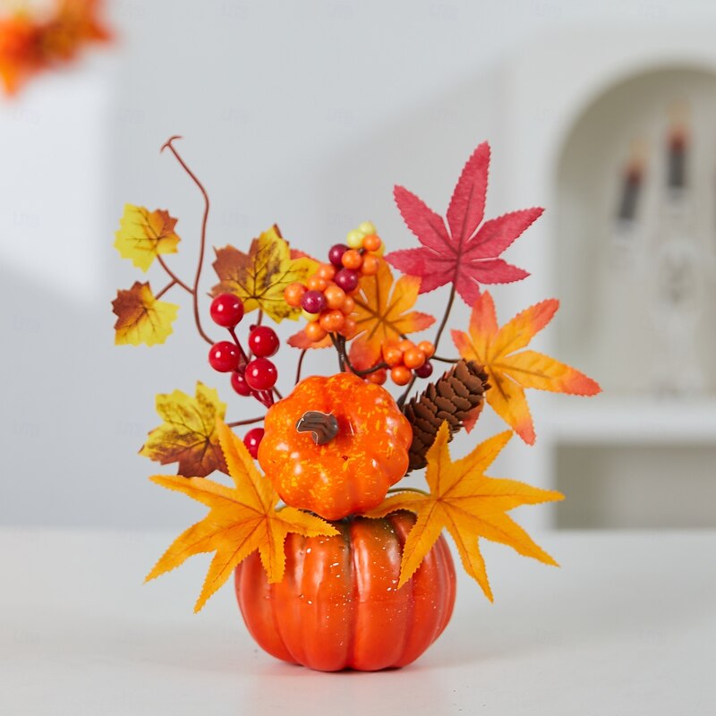 Halloween Fall Desktop Ornament with Faux Pumpkin, Maple Leaves and LED Light Up Decor for Autumn Harvest Festival, Spooky Fall Scene Decoration for Halloween3